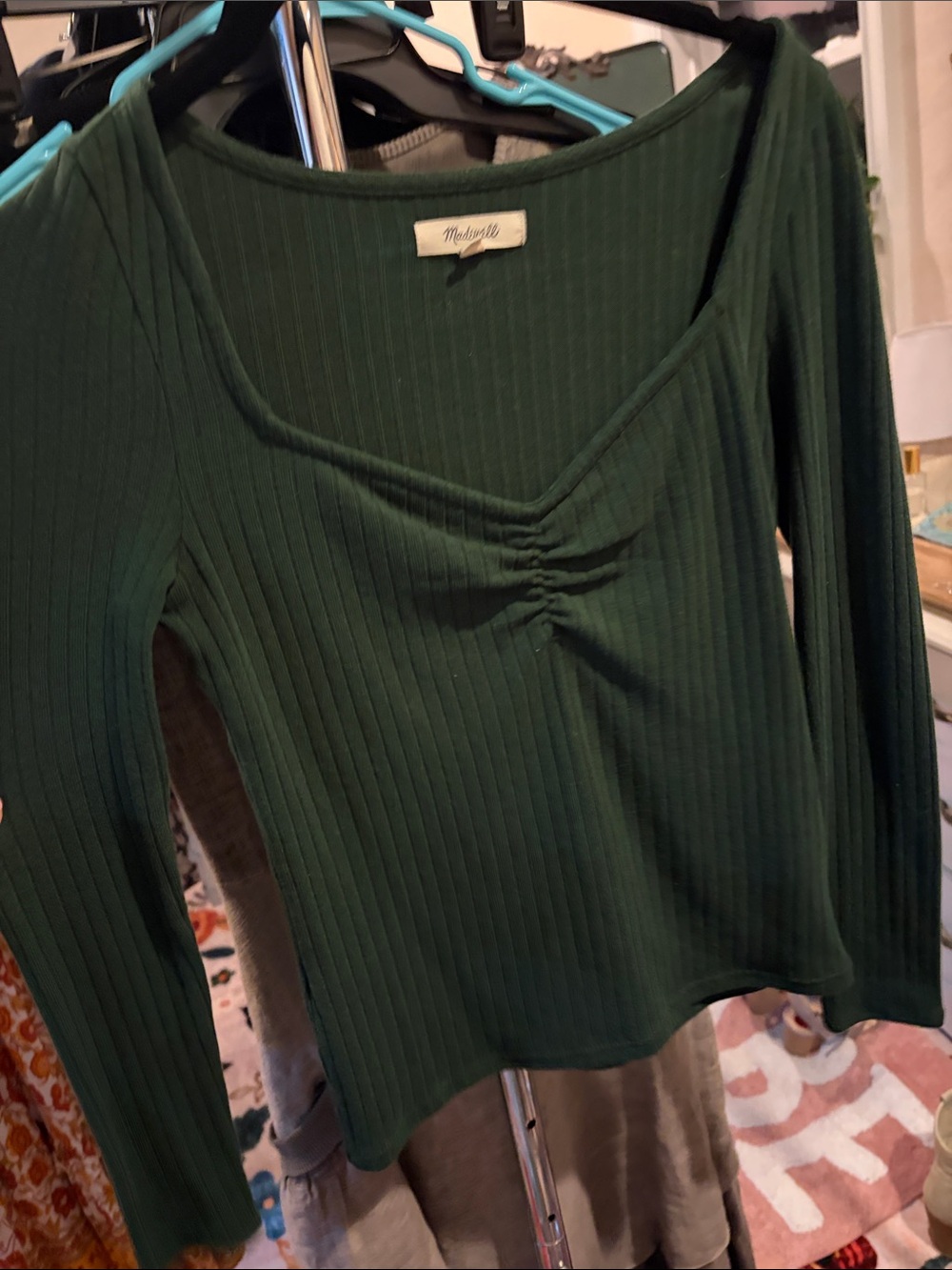 Madewell Forest Green Ribbed Long-Sleeve Sweetheart Top